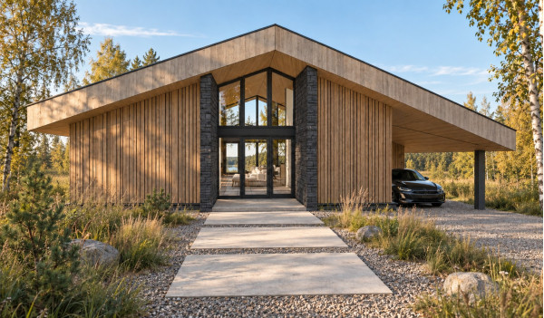 Celmi entrance and carport visualisation with light timber façade Celmi entrance and carport visualisation with light timber façade