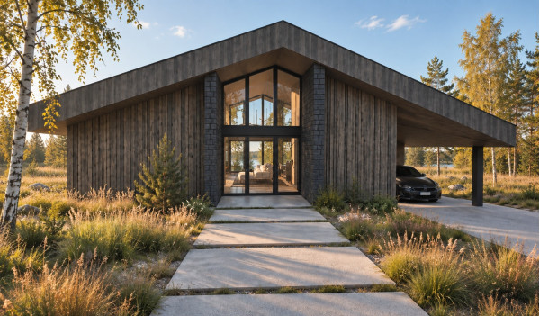 Celmi entrance and carport visualisation with graphite façade Celmi entrance and carport visualisation with graphite façade