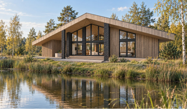 Celmi house visualisation in Amatciems with light timber façade and pond-facing terrace Celmi house visualisation in Amatciems with light timber façade and pond-facing terrace