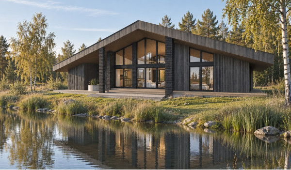 Celmi house beside a pond with graphite timber façade, design visualisation Celmi house beside a pond with graphite timber façade, design visualisation