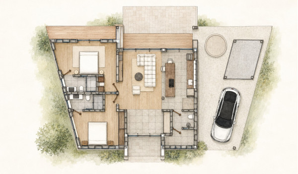 Illustrated Celmi floor plan with two bedrooms and an open-plan living room and kitchen Illustrated Celmi floor plan with two bedrooms and an open-plan living room and kitchen