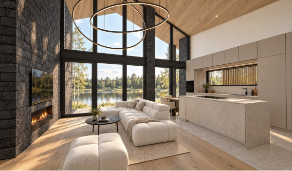 Celmi living room and kitchen visualisation with island, fireplace and large glazing Celmi living room and kitchen visualisation with island, fireplace and large glazing
