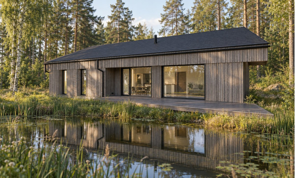Visualization of the house of Light in Amatciems: wooden facade, extensive glazing and a terrace by the pond Visualization of the house of Light in Amatciems: wooden facade, extensive glazing and a terrace by the pond