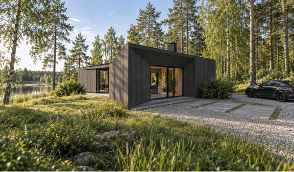 Visualization of a Sila house in Amatciems from the entrance area with a wooden facade and extensive glazing Visualization of a Sila house in Amatciems from the entrance area with a wooden facade and extensive glazing