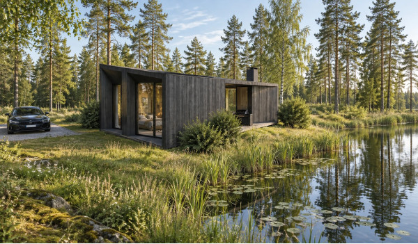 Visualization of a Sila house from the side in Amatciems with glazed rooms, a terrace and a waterfront landscape Visualization of a Sila house from the side in Amatciems with glazed rooms, a terrace and a waterfront landscape
