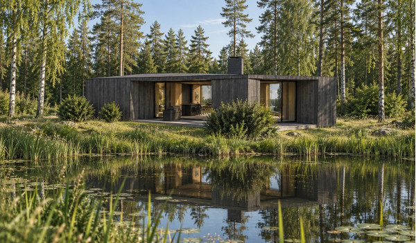 Visualization of a Sila house in Amatciems - dark wooden facade, glazing and a terrace by the water Visualization of a Sila house in Amatciems - dark wooden facade, glazing and a terrace by the water