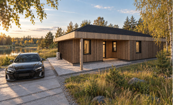 Visualization of the entrance facade of the Teikas 116 house with vertical wooden decoration and a covered entrance. Visualization of the entrance facade of the Teikas 116 house with vertical wooden decoration and a covered entrance.
