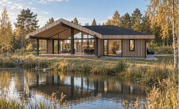 Visualization of the Teikas 116 house in Amatciems with a wooden facade, extensive glazing and a terrace by the water. Visualization of the Teikas 116 house in Amatciems with a wooden facade, extensive glazing and a terrace by the water.