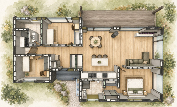 Visualization of the layout of the Teikas 116 house with three bedrooms, a common living area and a terrace. Visualization of the layout of the Teikas 116 house with three bedrooms, a common living area and a terrace.