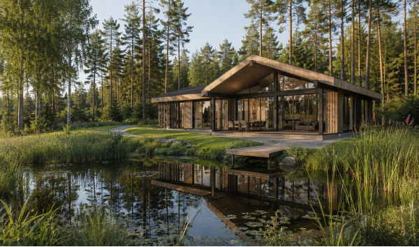 Visualization of the facade of the Teika house from the pond side with dark finishes, a glazed living area and a covered terrace Visualization of the facade of the Teika house from the pond side with dark finishes, a glazed living area and a covered terrace