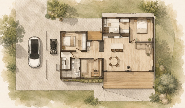 Illustration of the space plan of the Teika house with a combined kitchen and living area, bedrooms and a terrace. Illustration of the space plan of the Teika house with a combined kitchen and living area, bedrooms and a terrace.